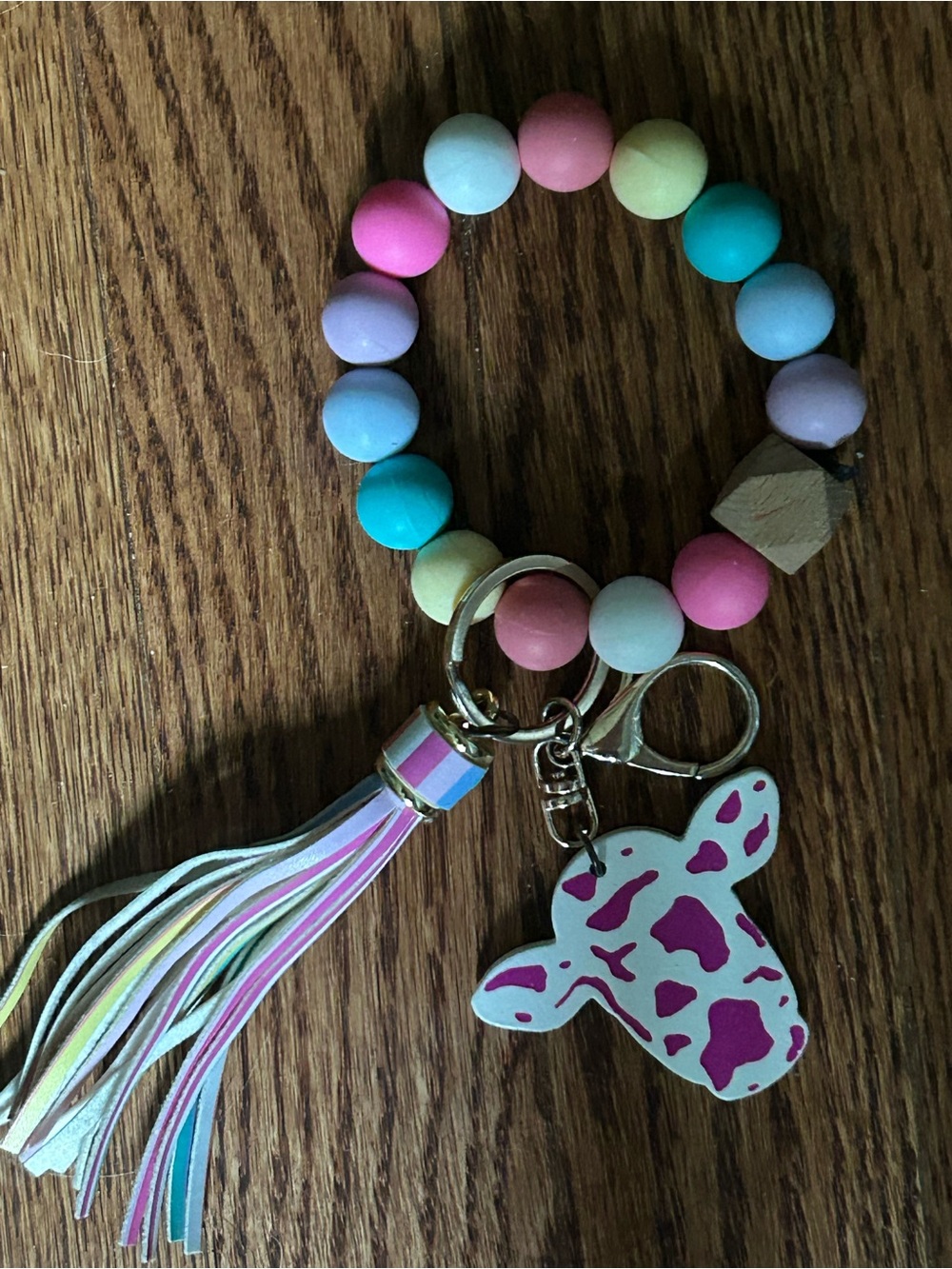 Pastel Beaded Keyring Bracelet with Cow Charm and Tassel